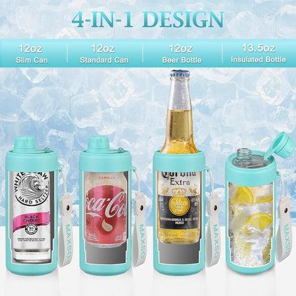 MAXSO Sealed Can Cooler Fizz Lid Can Cover for 12 oz Regular, Slim Skinny Cans & As Thermal Bottle, 4-in-1 Insulated Vacuum Stainless Steel Carbonated Cold Drink Holder - Turquoise
