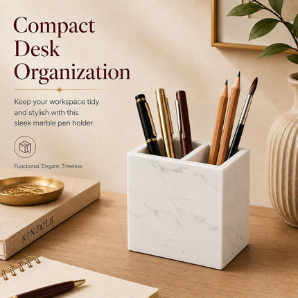 SIRIZEN-DIVING White Marble Pen Holder with 2 Compartments 3.94 Inch