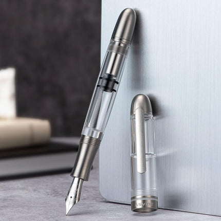 Asvine P36 Titanium Fountain Pen Piston Filling, Bock Extra Fine Nib Clear Transparent Acrylic Smooth Writing Signature Pen Case Gift Set, Torpedo shape