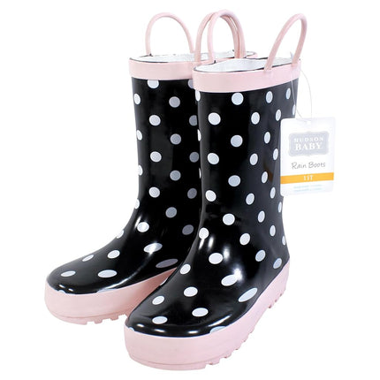 Hudson Baby Unisex Baby Rain Boots, Black Dot Pink, 11 Toddler