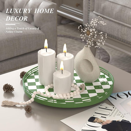 Premium Rubber Wood Lazy Susan Turntable, Green White Checkerboard Decorative Serving Tray, Hand-Welded Metal Railing, Stable Rotating Organizer for Dining Table, Kitchen Counter, Coffee Table Decor