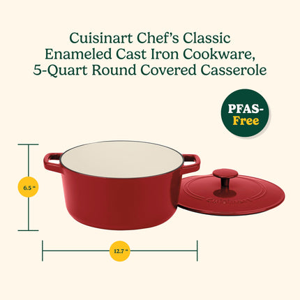 Olla holandesa de hierro fundido esmaltado Cuisinart, cacerola de 4,7 litros con tapa, asas cómodas, apta para estufa, horno y asador, roja (CI650-25CRC)