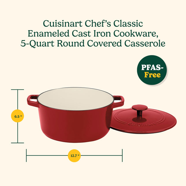 Cuisinart Enameled Cast Iron Dutch Oven, 5-Quart Casserole Pot with Lid, Comfortable Handles, Stovetop, Oven and Broiler Safe, Red (CI650-25CRC)
