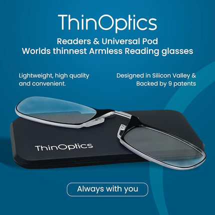 ThinOptics Folding Reading Glasses 2.00, Black, Case, for Men and Women