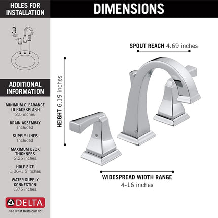Delta Faucet 3551-MPU-DST Dryden Two Handle Bathroom Widespread Faucet, Chrome