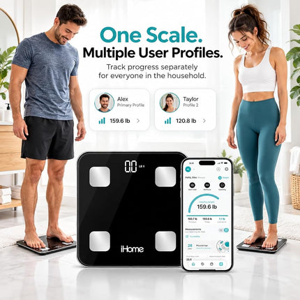 iHome Digital Bluetooth Smart Scale for Body Weight, Weight Scale with 14 Indicators, Including BMI, Body Fat, Muscle Mass, Batteries Included (Black Smart Bluetooth)