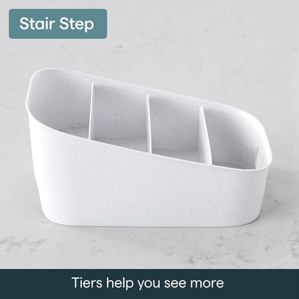 YouCopia ShelfBin, 4 Stairstep Raised Divided Bin, BPA-Free Storage Caddy for Kitchen Pantry and Cabinet, Tiered Packet Organizer, Speckled White