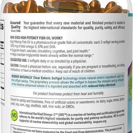 Webber Naturals Triple Strength Omega-3 Fish Oil, 1,800 mg Omega-3 (1,200 mg EPA / 600 mg DHA) per Serving, 120 Clear Enteric Softgels, No Fishy Aftertaste, for Heart, Brain and Joint Health