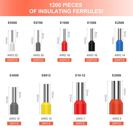 Preciva Ferrule Crimping Tool Kit, Square Crimping Tools, Ratchet Jaw Wire Crimping Pliers for AWG 28-5 with 1200 PCS Terminal Connector Sleeves