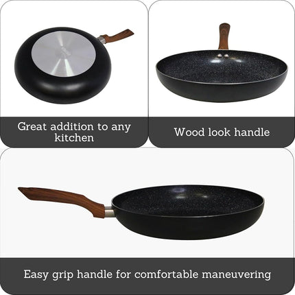 IMUSA Sartén de cerámica de aluminio de 12 pulgadas con mango de madera de tacto frío, negro - Imusa