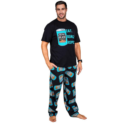 HEINZ Mens Pyjamas Set PJs T-Shirt Long Bottoms Breathable Loungewear Comfy Nightwear Baked Beans Funny Gifts for Men (XL, Black)