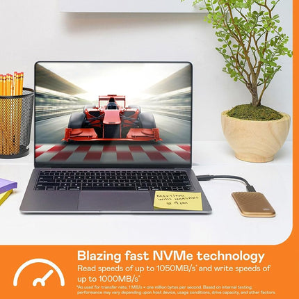 WD My Passport SSD, 2TB Portable External SSD, read speeds up to 1050 MB/s, write speeds up to 1000MB/s, Portable SSD, Works with PC, Xbox and Playstation, Gold
