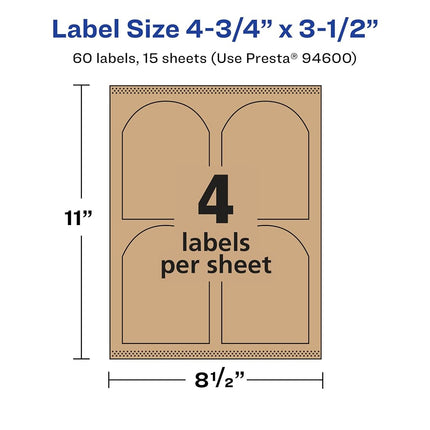Avery Kraft Brown Arched Labels with Sure Feed, 4.75" x 3.5", 60 Kraft Brown Labels, Print-to-The-Edge, Laser/Inkjet Printable Labels