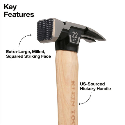 Klein Tools H80922H Milled Face Framing Hammer with Straight Claw, 22-Ounce Forged Steel, Hickory Handle, California Framing Style, Magnetic Nail Starter, and Extra-Large Squared Strike Face