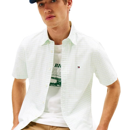 Tommy Hilfiger Men's Heritage Oxford Gingham Regular Short Sleeve Shirts, Opal Green/Check X-Large