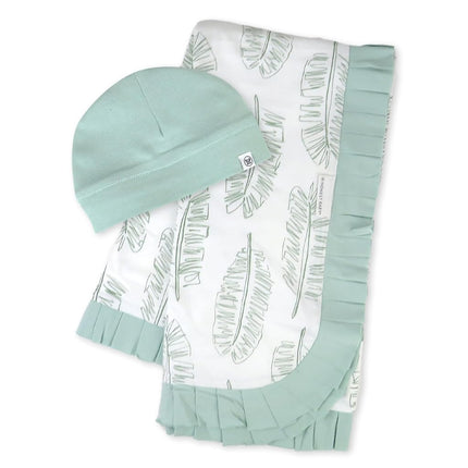 HonestBaby Knit Stroller Blanket with Trim Detail and Baby Hat 100% Organic Cotton for Infant Boys, Girls, Jumbo Leaf Sage (2-Pack), One Size