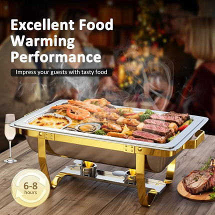 Plats à Frotter pour Buffet, Lot de 1, 8,5 L [Couleurs Or et Argent Élégantes] Ensemble de Plats à Frotter en Acier Inoxydable [Robuste et de Haute Qualité] Chafing Dishes et Chauffe-Plats pour Toutes les Fêtes avec Ensemble Complet