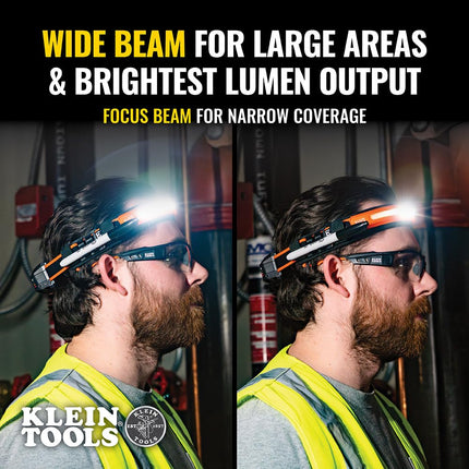KLEIN TOOLS 56308 Linterna Frontal Recargable con Correa, 575 Lúmenes, LED de Haz Ancho, Modos de Iluminación Total o Foco Directo, para Trabajo y Exteriores
