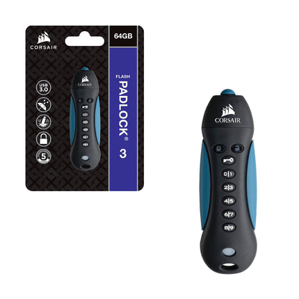 Corsair Flash Padlock 3, unidad flash USB 3.0 segura de 256 GB con teclado (cifrado AES de 256 bits, estándares de seguridad FIPS 197, carcasa de goma resistente, teclado PIN incorporado) negro/azul