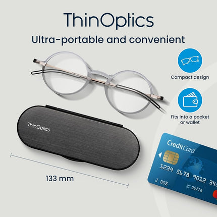 ThinOptics Reading Glasses 2.00, Clear Frame, 4mm Case, for Men and Women