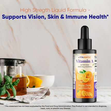 Vitamatic Sugar Free Vitamin A Liquid Drops 10000 IU (3000 mcg) as Retinyl Palmitate - Approximate 4 Months Supply - Immune Support, Eye Health, Skin Health - 2 FL OZ (59 ml)