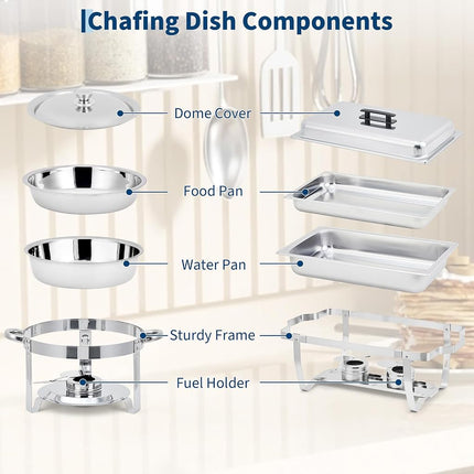 GarveeHome Stainless Steel Chafing Dish Buffet Set of 2, 8 Qt Rectangle & 5 Qt Round Chafers with Food/Water Pans & Fuel Holder, Food Warmer Buffet Set for Parties, Events & Holiday Catering