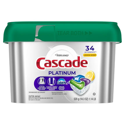 Cascade Platinum Dishwasher Pods, Dishwasher Detergent, Dish Detergent Soap, Lemon, 34 Count