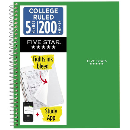 Five Star Spiral Notebook, 5 Subject, College Ruled, 200 Sheets, 11 x 8.5 Inch, Green (72079)