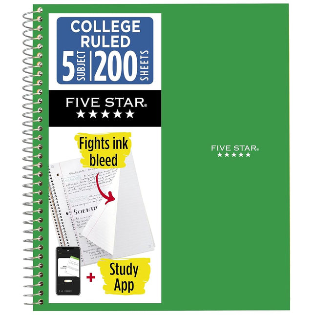 Five Star Spiral Notebook, 5 Subject, College Ruled, 200 Sheets, 11 x 8.5 Inch, Green (72079)