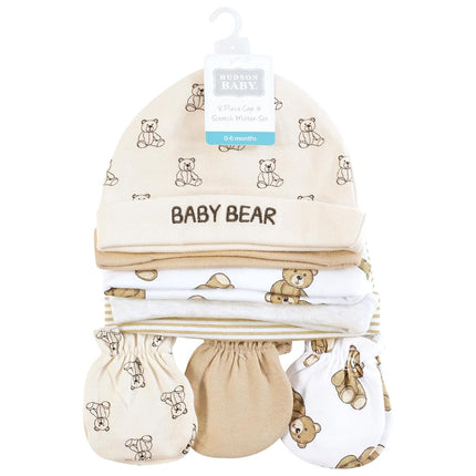 Hudson Baby Unisex Baby Cotton Cap and Scratch Mitten Set, Teddy Bears, 0-6 Months
