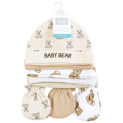 Hudson Baby Unisex Baby Cotton Cap and Scratch Mitten Set, Teddy Bears, 0-6 Months