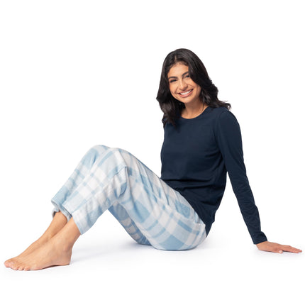 Fruit of the Loom Women's Sueded Jersey Crew Top and Fleece Pant Sleep Set, Navy/Snow Plaid, M