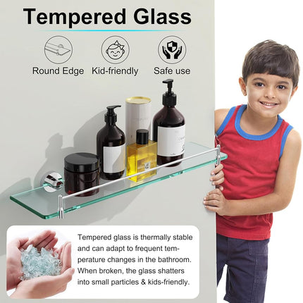 KOCOK 20 Inches Glass Shelves for Bathroom, Chrome Polished Floating Glass Shelf Stainless Steel Tempered Glass Bathroom Shelves for Wall Mount Modern