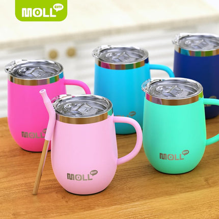 Mollcity 12 oz Tumbler with Handle and Straw-2 Pack Stainless Steel Double Wall Vacuum Insulated Tumbler Cup with Lid-Reusable Metal Travel Cup Leak Proof and BPA Free (Purple-Hot Pink)