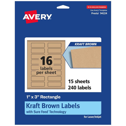 Avery Kraft Brown Rectangle Labels with Sure Feed, 1" x 3", 240 Kraft Brown Labels, Print-to-The-Edge, Laser/Inkjet Printable Labels