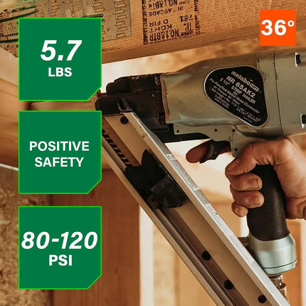 Metabo HPT Metal Connector Nailer | Pro Preferred Brand of Pneumatic Nailers | 36 Degree Short Magazine | Accepts 1-1/2-Inch to 2-1/2 Nails | Ideal for Fastening Metal Connectors to Wood | NR65AK2S