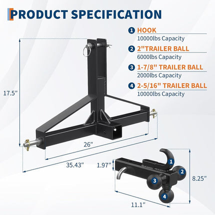 Tractor 3 Point Quick Hitch - 2" Receiver & 4-Way Ball Mount for Tractor Standard Category 1, 10,000Lbs Capacity 3 Point Trailer Hitch for Implements/Trailers