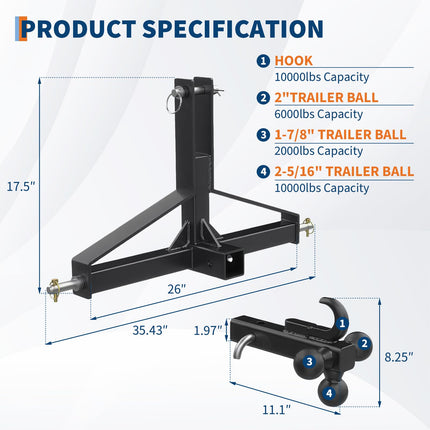 Tractor 3 Point Quick Hitch - 2" Receiver & 4-Way Ball Mount for Tractor Standard Category 1, 10,000Lbs Capacity 3 Point Trailer Hitch for Implements/Trailers
