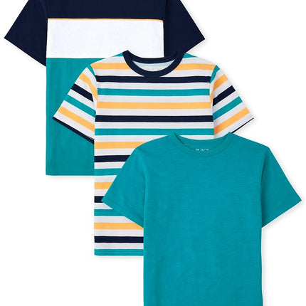 The Children's Place Boys' Short Sleeve Crew Neck T-Shirts, Teal Stripe 3-Pack, Large