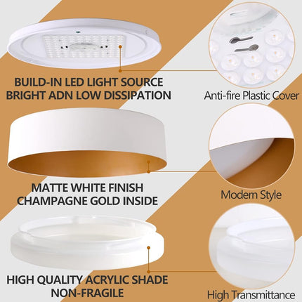 Bargeni 16.5 x 3.1 Inch Modern Matte White & Gold Dimmable LED Flush Mount Ceiling Light, 30W/3000K Warm White, Multi-Purpose Room