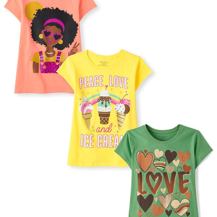 The Children's Place Girls' Kindness, Love, Equality Short Sleeve Graphic T-Shirts,multipacks, Love Ice Cream/Girl Peace/Love, X-Large