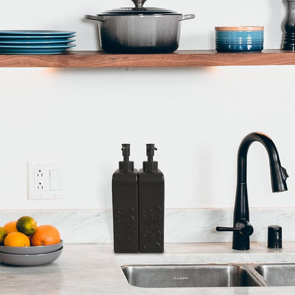Karisky Ceramic Soap Dispenser Set, 2 Pack Kitchen Soap Dispenser with Funnel, Non-Slip Silicone Pads, Liquid Hand Soap and Dish Soap Dispenser for Kitchen, Bathroom, Matte Black