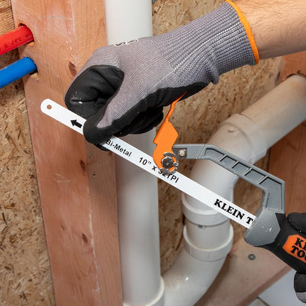 Klein Tools 31432FC Mini Finish-Cut Hacksaw, 10-Inch 32 TPI Bi-Metal Blade Hand Saw, Cuts Plastic, Wood, and Thin-Wall Metal in Tight Spaces