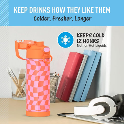 Thermos FUNTAINER 16 Ounce Stainless Steel Vacuum Insulated Bottle with Wide Spout Lid, Wavy Checkers Orange