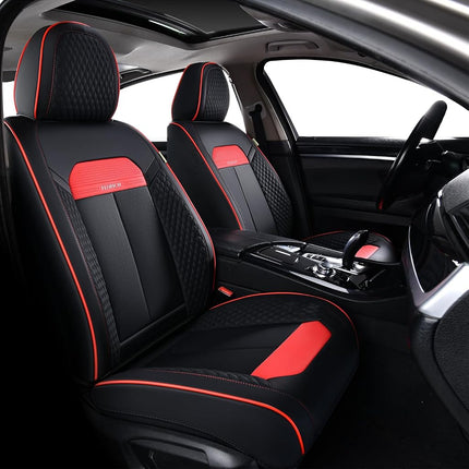 Fundas de asientos delanteros FLORICH, funda de lujo para asientos de coche con cuero impermeable, fundas de asientos de vehículos automotrices para coches, camiones, furgonetas, todoterrenos, sedanes (2 unidades, línea negra y roja)