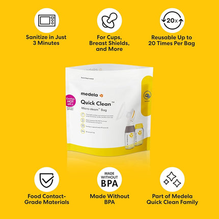 Medela Quick Clean Micro-Steam Bags, 12Count Sterilizing Bags for Bottles & Breast Pump Parts, Eliminates of Common Bacteria & Germs, Disinfects Most Breastpump Accessories