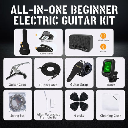 AODSK Electric Guitar with Amp Beginner Kit 39 Inch Solid Body Full Size,HSS Pick Up,All Accessories,Digital Tuner,Six Strings,Four Picks,Tremolo Bar,Strap,Gig Bag,Starter kit -Black