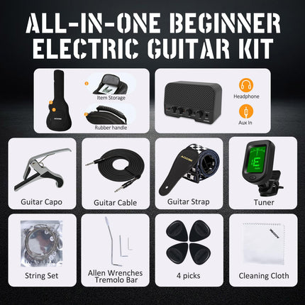 AODSK Electric Guitar with Amp Beginner Kit 39 Inch Solid Body Full Size,HSS Pick Up,All Accessories,Digital Tuner,Six Strings,Four Picks,Tremolo Bar,Strap,Gig Bag,Starter kit -Black