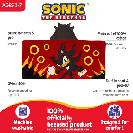 Sonic Shadow The Hedgehog Anime Kids Super Soft Bath/Pool/Beach Soft Cotton Terry Hooded Towel Wrap, 24 in x 50 in, Mario & Luigi, (100% Officially Licensed Product) By Franco