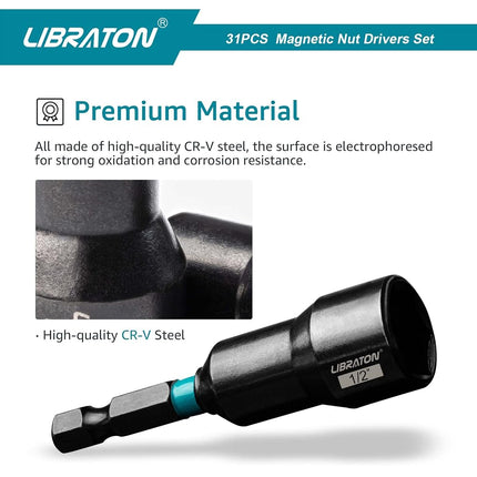 Libraton 31PCS Magnetic Nut Driver Set, Impact Drill Driver Bit Set 1/4", Metric and SAE Nut Driver, Screwdriver Bits, Impact Socket Adapters, Bit Holder, Quick-release Extensions with Storage Bag